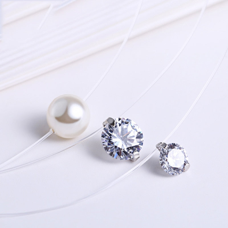 925 Sterling Silver Zircon Crystal Pearl Pendant Choker Necklace Transparent Fishing Line 2020 Fine Jewelry For Women