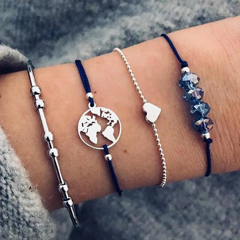 Boho Charm and Crystal Bead Bangle Bracelet Set