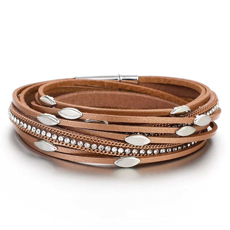 ALLYES Leaf Charm Pink Leather Bracelets for Women 2023 Fashion Crystal Chain Boho Multilayer Wrap Bracelet Femme Jewelry