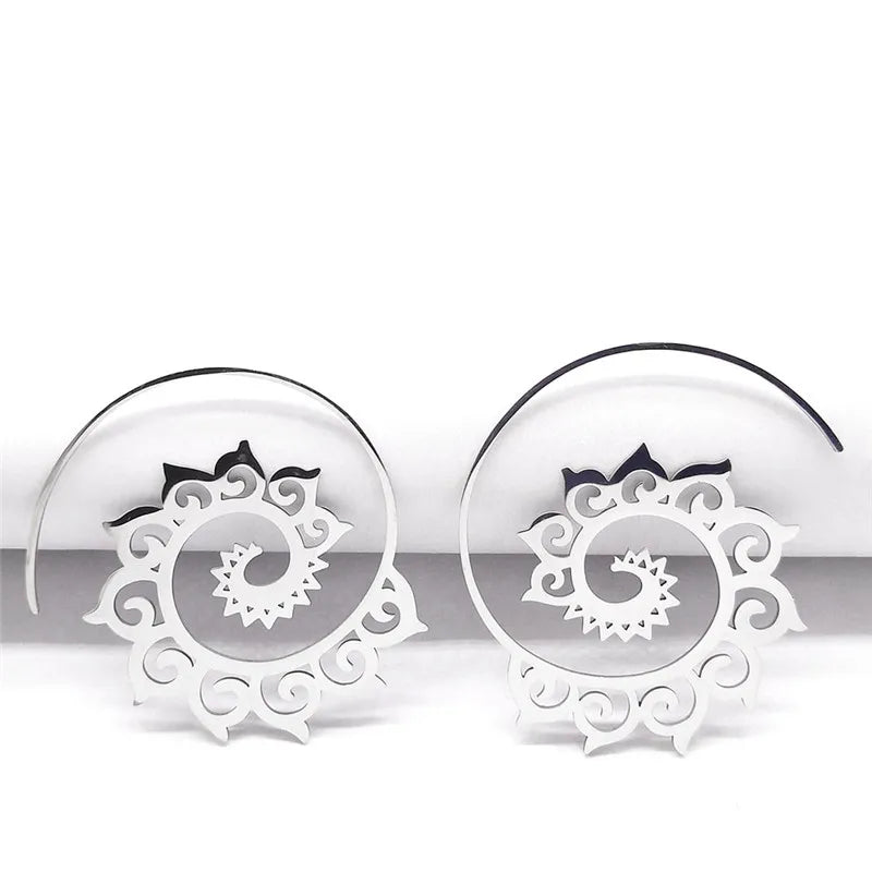 Mandala Spiral Steel Hoop Earrings Jewelry