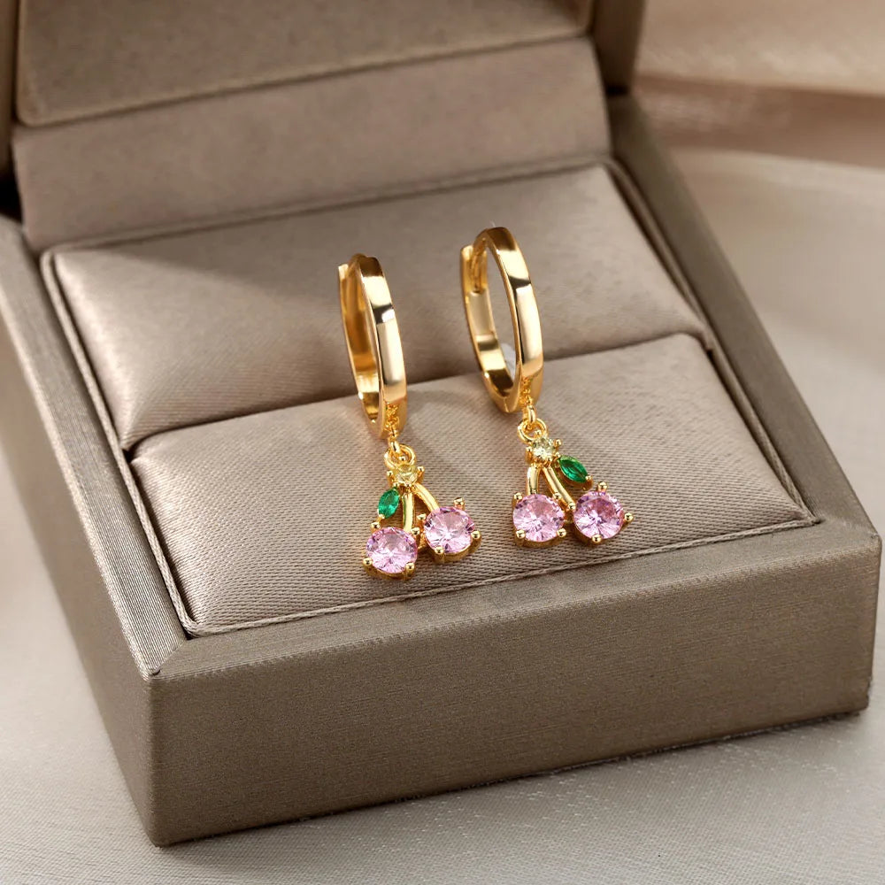 Pink Crystal Cherry Fruit Drop Earrings Jewelry