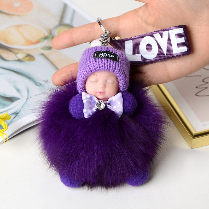 Pompom Sleeping Baby Keychain Cute Fluffy Plush Doll Keychains Women Girl Bags Keyrings Cars Key Ring Gift Charming Decoration