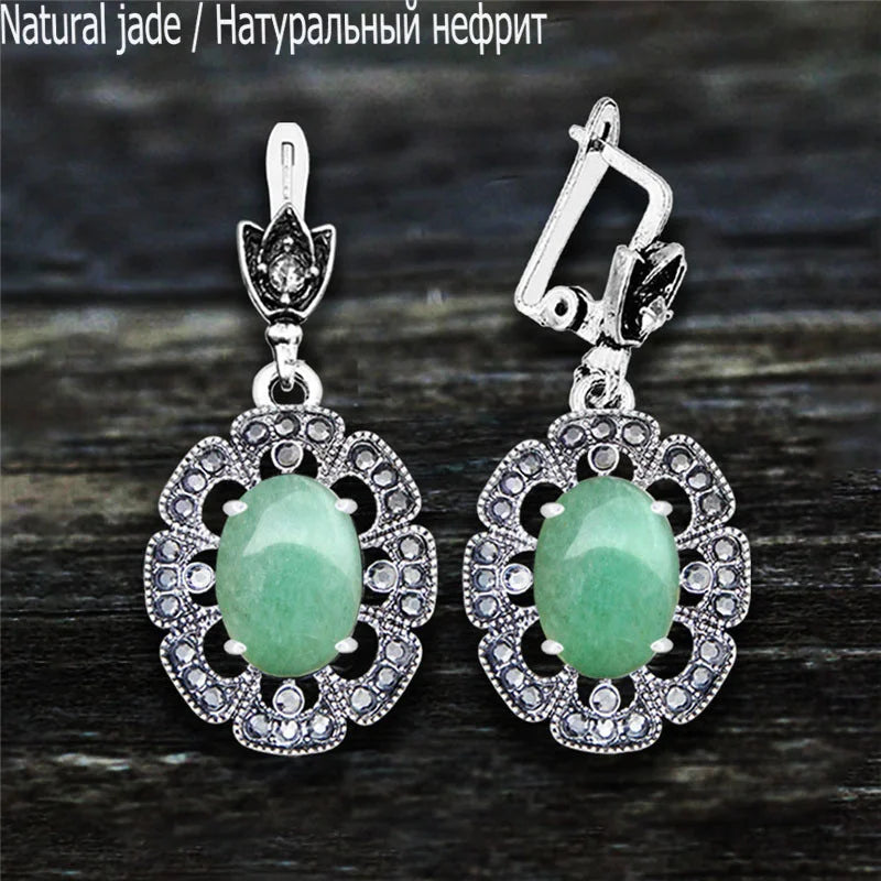 Vintage Plumflower Natural Jades Quartz Earrings For Women Antique Silver Plated Lapis Lazuli Tiger Eye Stone Fashion Earring - Charlie Dolly