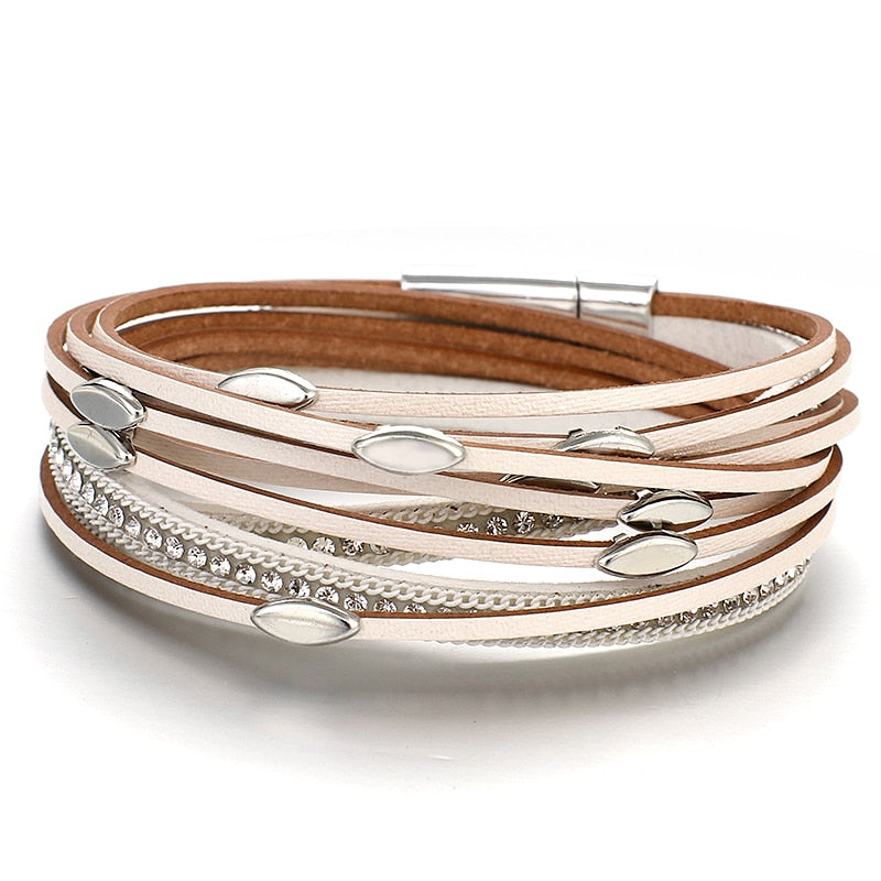 ALLYES Leaf Charm Pink Leather Bracelets for Women 2023 Fashion Crystal Chain Boho Multilayer Wrap Bracelet Femme Jewelry