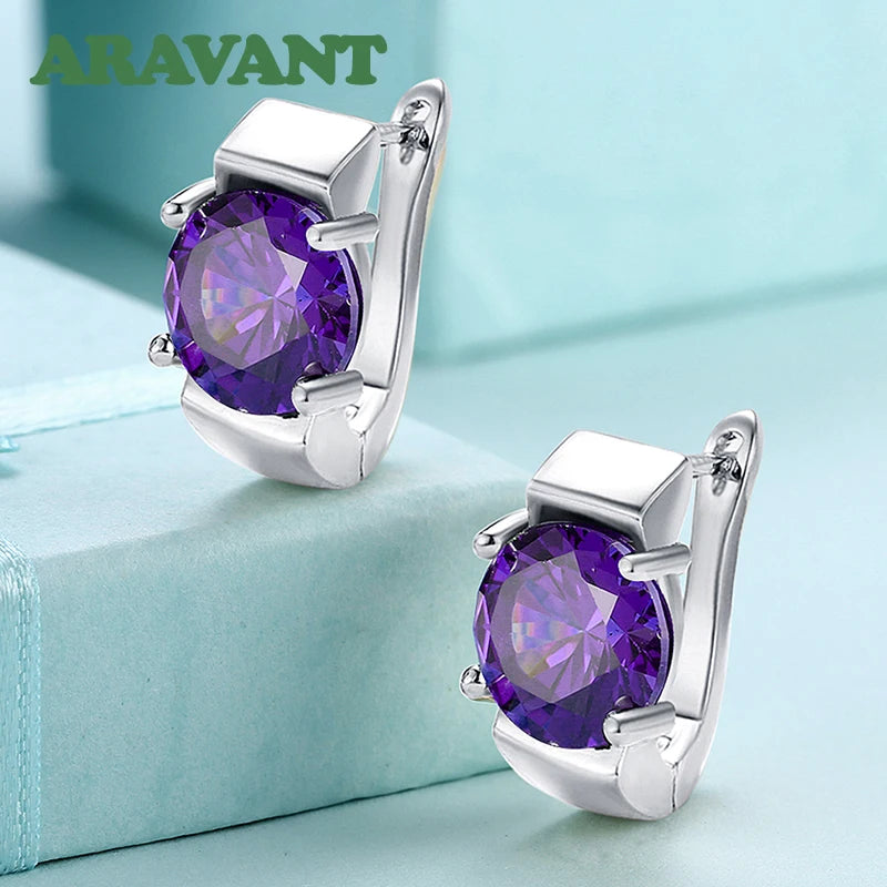 925 Silver Amethyst Hoop Earrings, Colorful Gemstone Wedding Jewelry