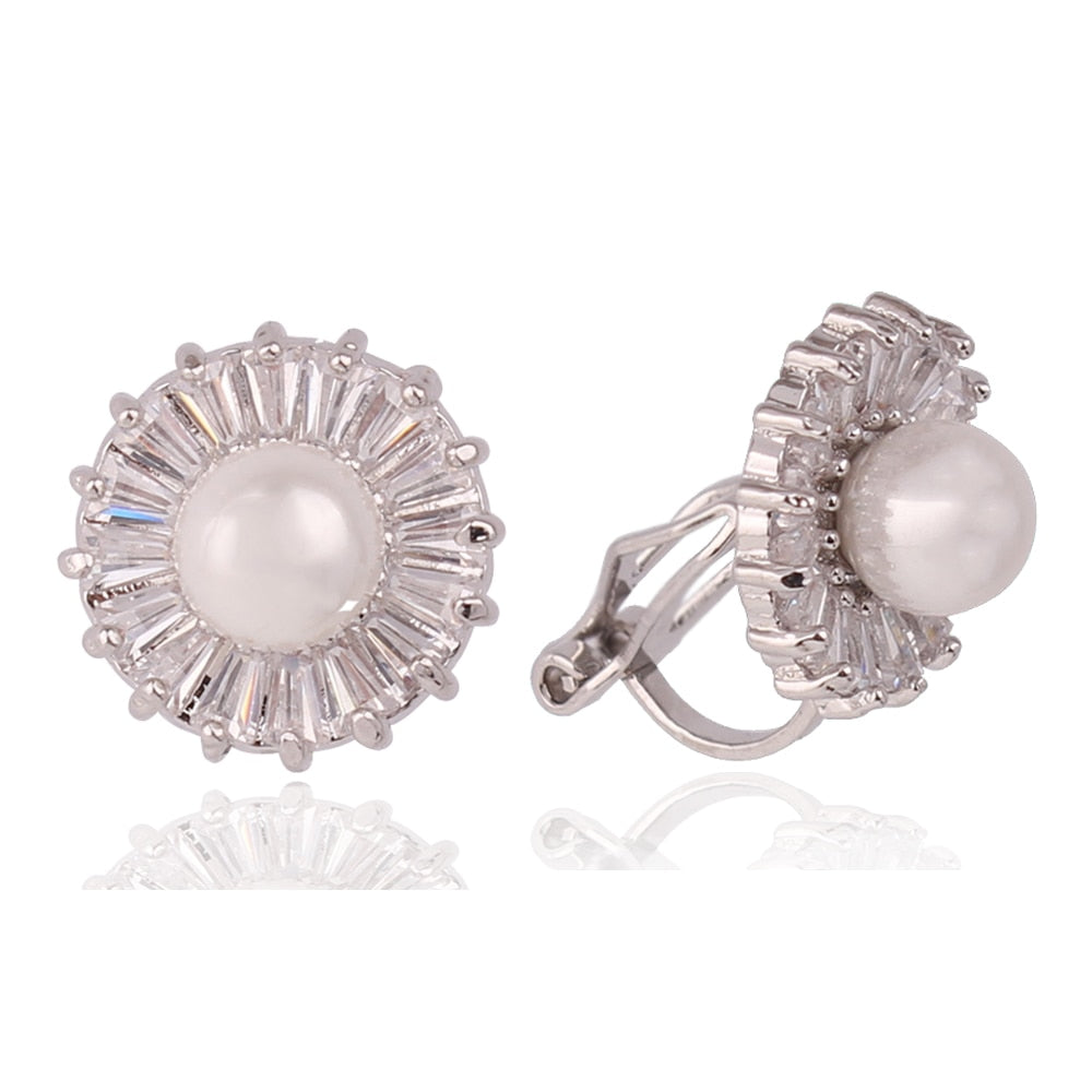 WENHQ New Cubic Zircon Pearl Clip on Earrings No Pierced for Women Girl Fashion Gold Color Flower Shape Ear Clip Fake Earrings