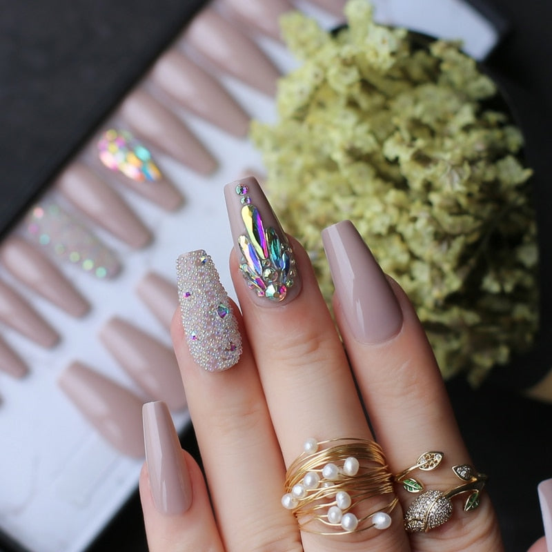 pink coffin crystal bling false nails Acrylic nails ballet caviar Design nails Custom logo with Adhesive tabs sticker