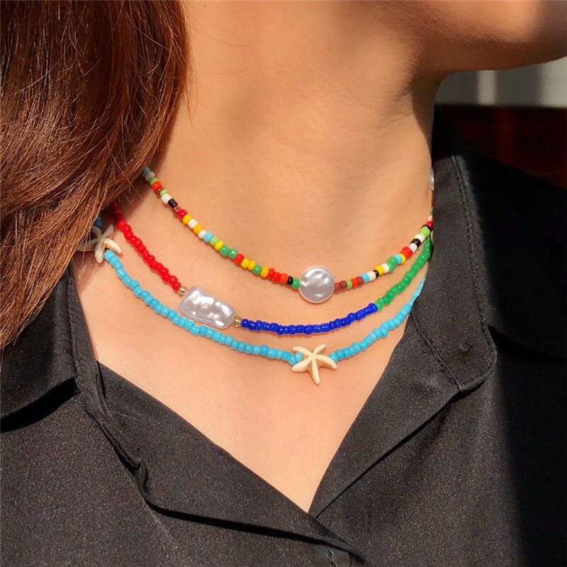 3 PCS OFF 10% Bohemian Colorful Seed Beads Necklace Long Horn Pendant Starfish Multi-layer Pearl Necklace Set For Women Jewelry