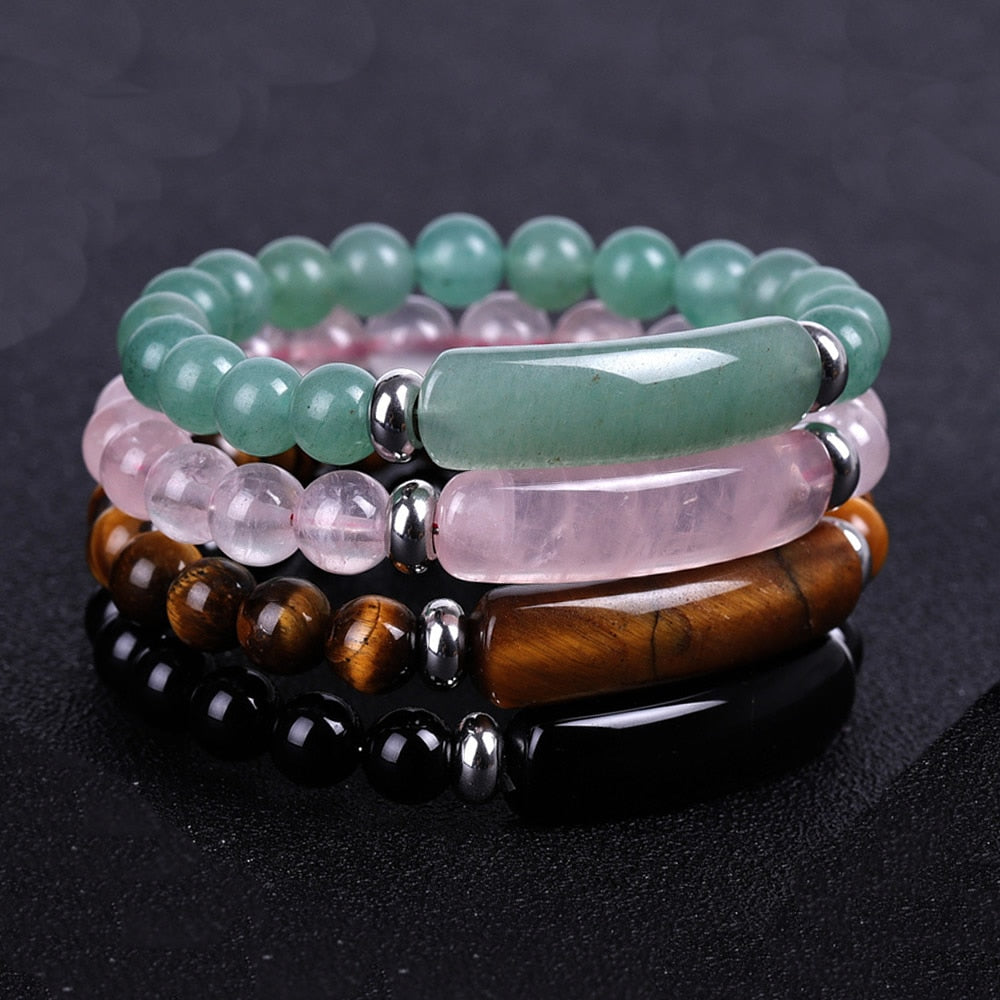 8mm Natural Stone Strand Beads Bracelet Reiki Healing Pink Quartz Aventurine Agates Rose Crystal Rectangle Bar Charms Bracelets