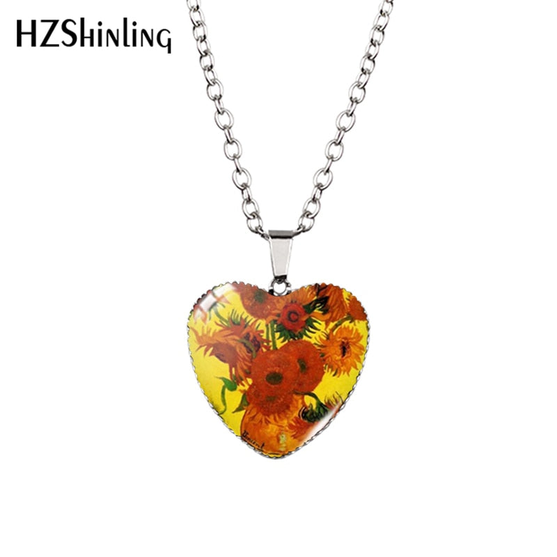 Sunflower Heart Necklace Yellow Sunflower Pendant Glass Picture Jewelry Fashion Heart Necklace HZ3