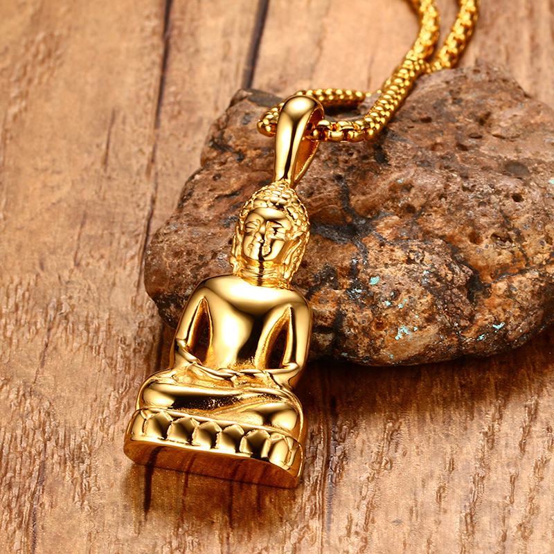 Mens Buddha Pendant Necklace Bodhisattva Amulet Talisman Necklaces in Gold-color Stainless Steel Fashion Men Jewelry collares