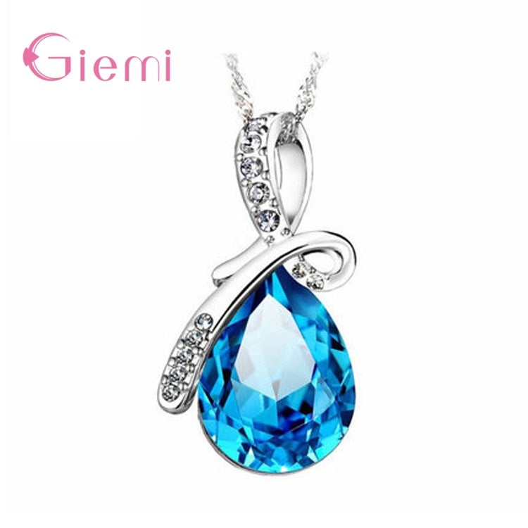 925 Sterling Silver Water Drop Pendant Necklace Quartz Crystal Charm Necklace For Women Fashion Jewelry Gifts