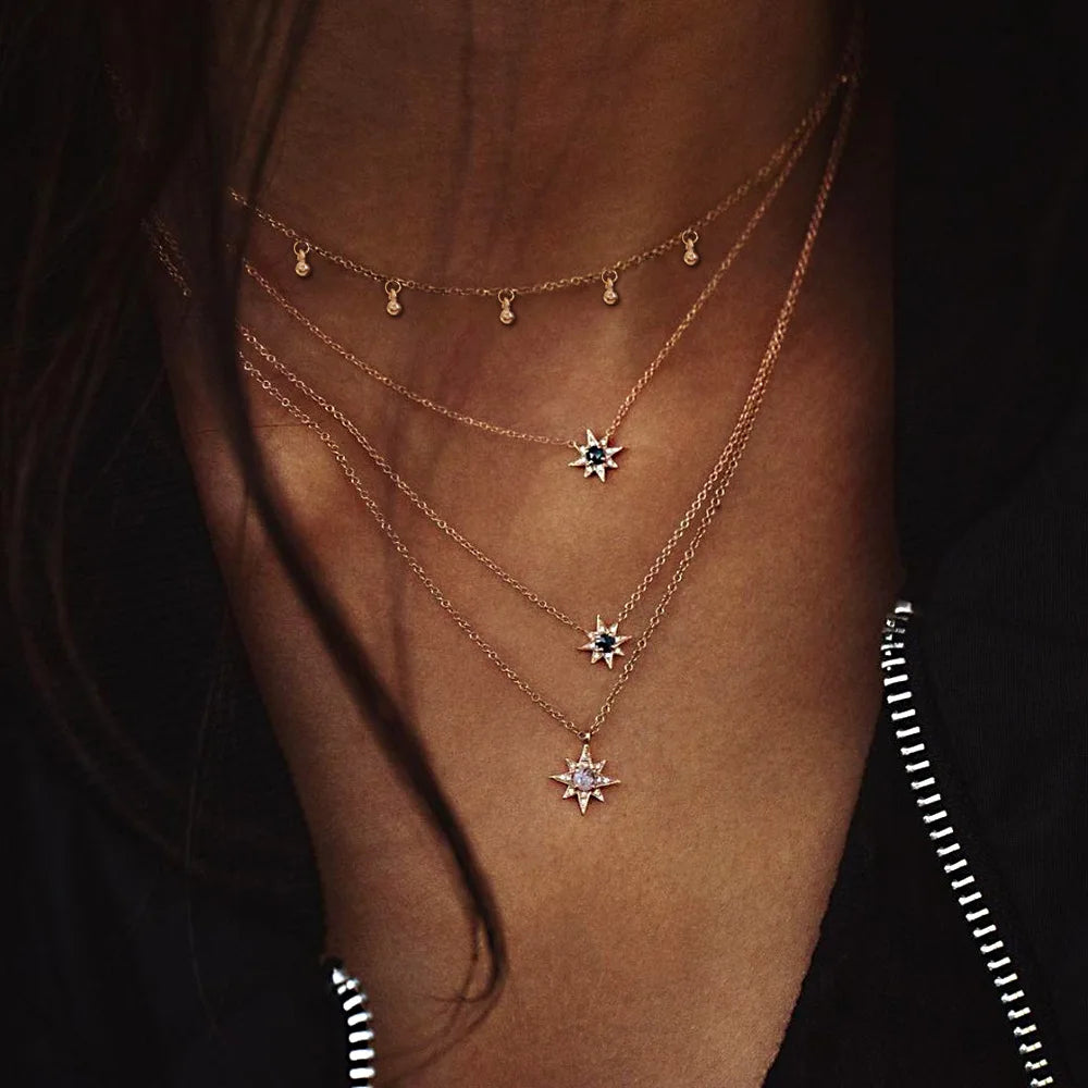 Moon Cross Tree Star Layered Choker Necklace Jewelry