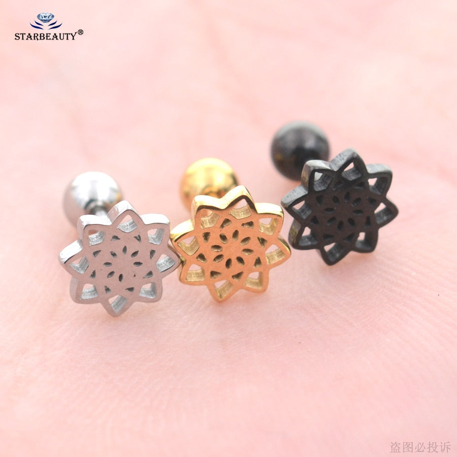 Starbeauty 1pc Flower Lotus Cartilage Lobe Earrings Studs Bar Ear Piercing Oreja Tragus Piercing Cartilagem Conch Helix Rings