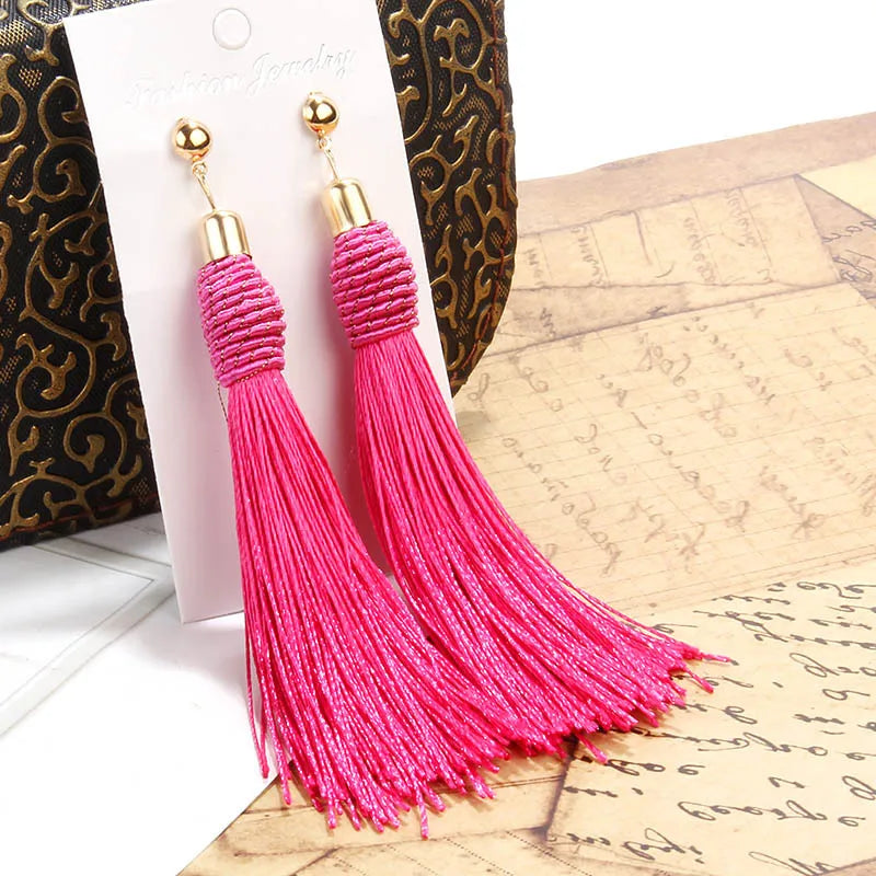 Hand Woven Silk Tassel Long Earrings Jewelry
