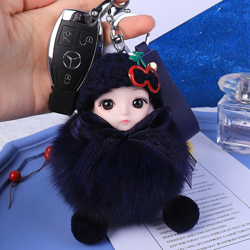 Pompom Sleeping Baby Keychain Cute Fluffy Plush Doll Keychains Women Girl Bags Keyrings Cars Key Ring Gift Charming Decoration