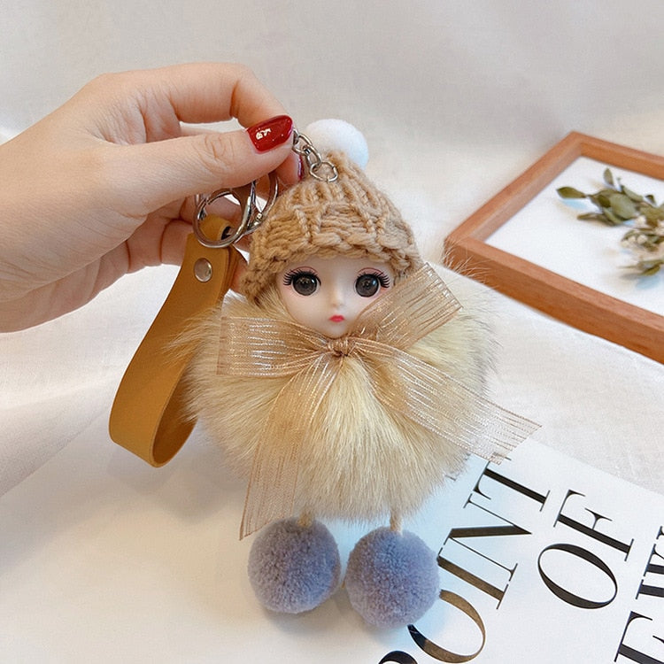 Pompom Sleeping Baby Keychain Cute Fluffy Plush Doll Keychains Women Girl Bags Keyrings Cars Key Ring Gift Charming Decoration