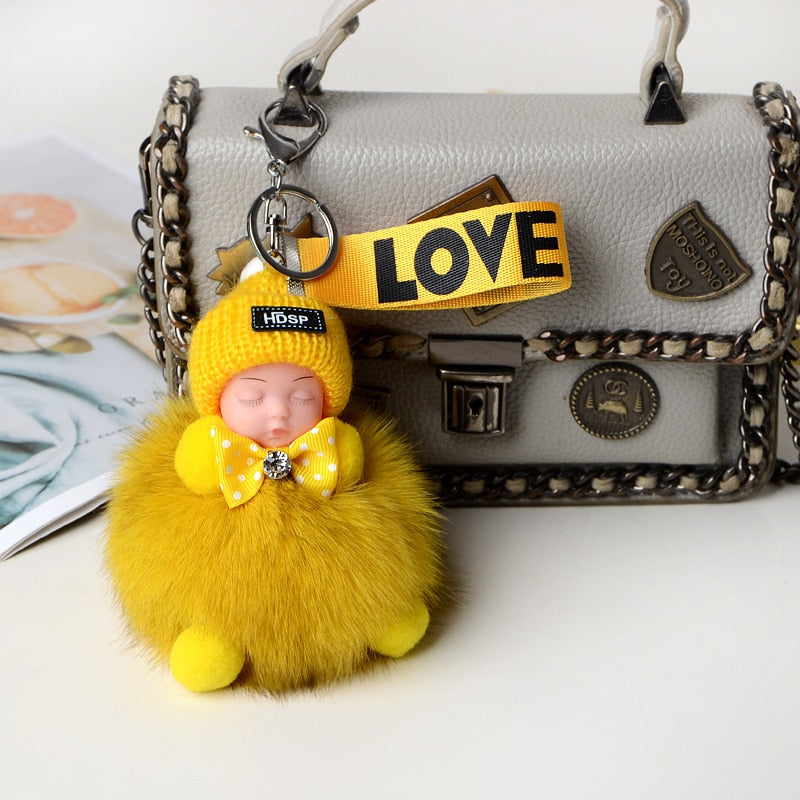 Pompom Sleeping Baby Keychain Cute Fluffy Plush Doll Keychains Women Girl Bags Keyrings Cars Key Ring Gift Charming Decoration