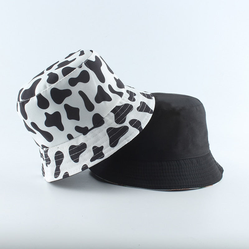 2021 New Fashion Korean Pink Cow Print Bucket Hat Women Reversible Fishing Cap Bob Chapeau Autumn Summer