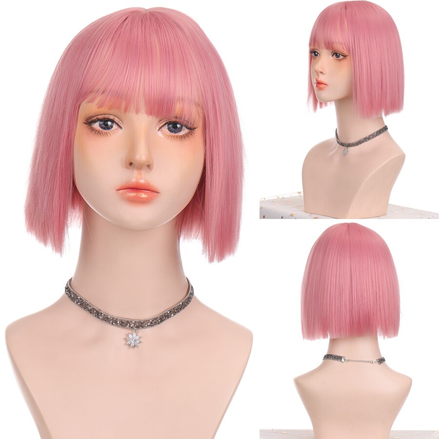 LANLAN synthetic black, pink Lolita wig short straight bob cosplay wig for white/black women heat-resistant hair wig
