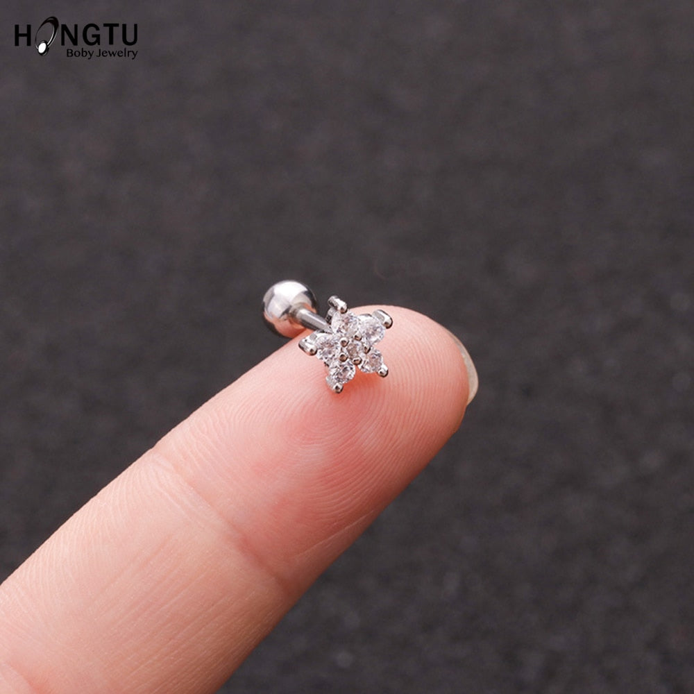 HONGTU 1PC Copper Flower Heart Moon Zircon Tragus Ear Piercing Surgical Steel Shaft Bar Daith Earrings Helix Cartilage Studs 16g