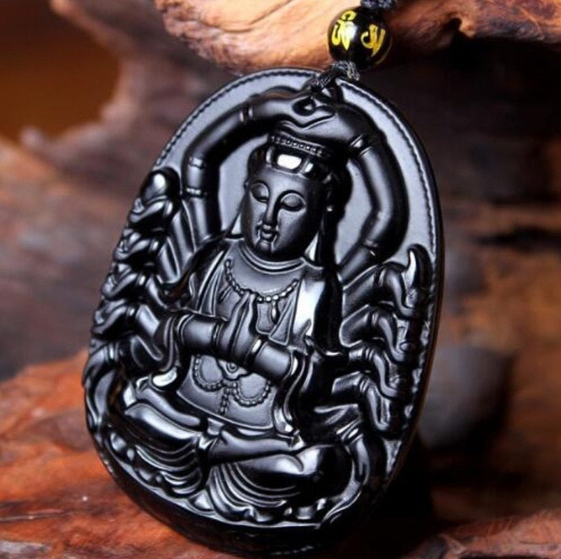 Fashion Frosted Obsidian Sakyamuni Buddha Head Charm Men and Women Amulet Necklace Buddhist Religious Jewelry