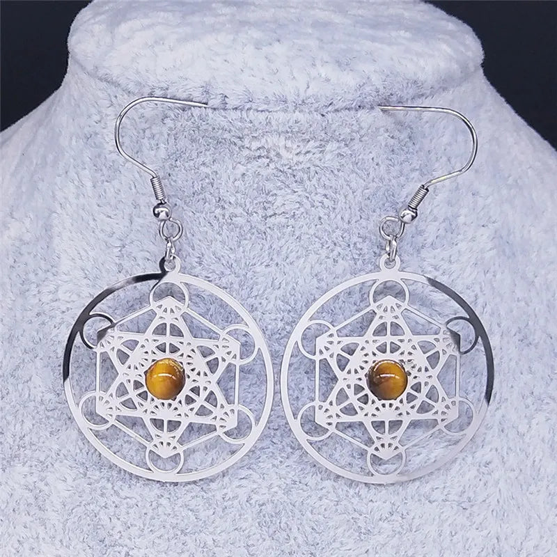 Boho Tiger Eye Metatron Tree Flower of Life Hamsa Hand Sacred Geometry Earring Stainless Steel Natural Stone Earrings Jewelry - Charlie Dolly