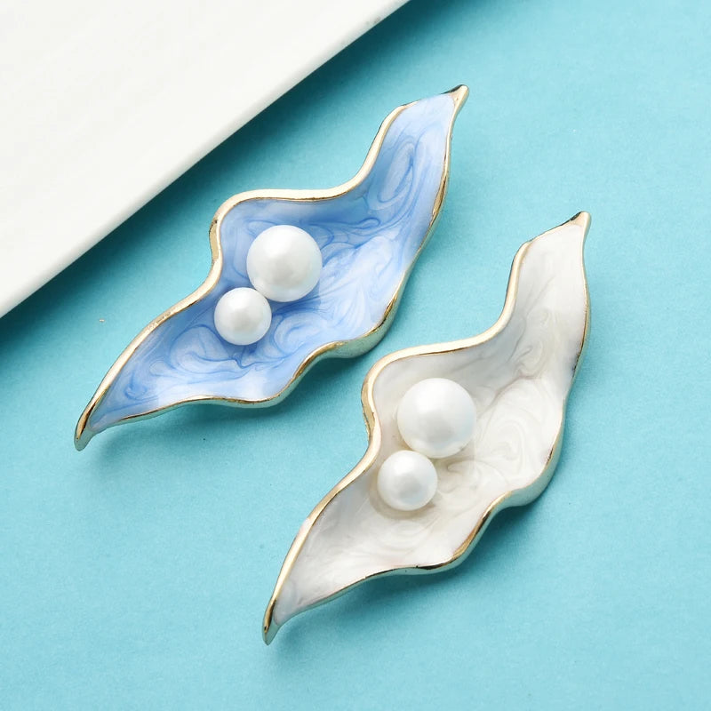 Pearl and Enamel Shell Flower Brooch Pin