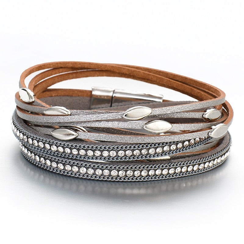 ALLYES Leaf Charm Pink Leather Bracelets for Women 2023 Fashion Crystal Chain Boho Multilayer Wrap Bracelet Femme Jewelry