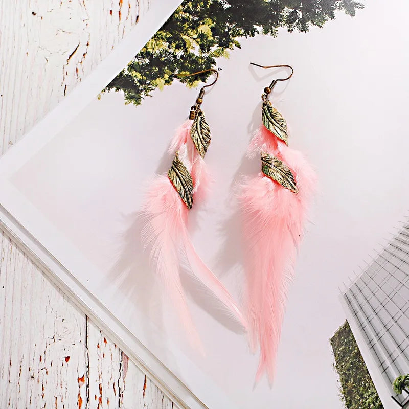 Gold Feather Leaf Long Boho Earrings Jewelry
