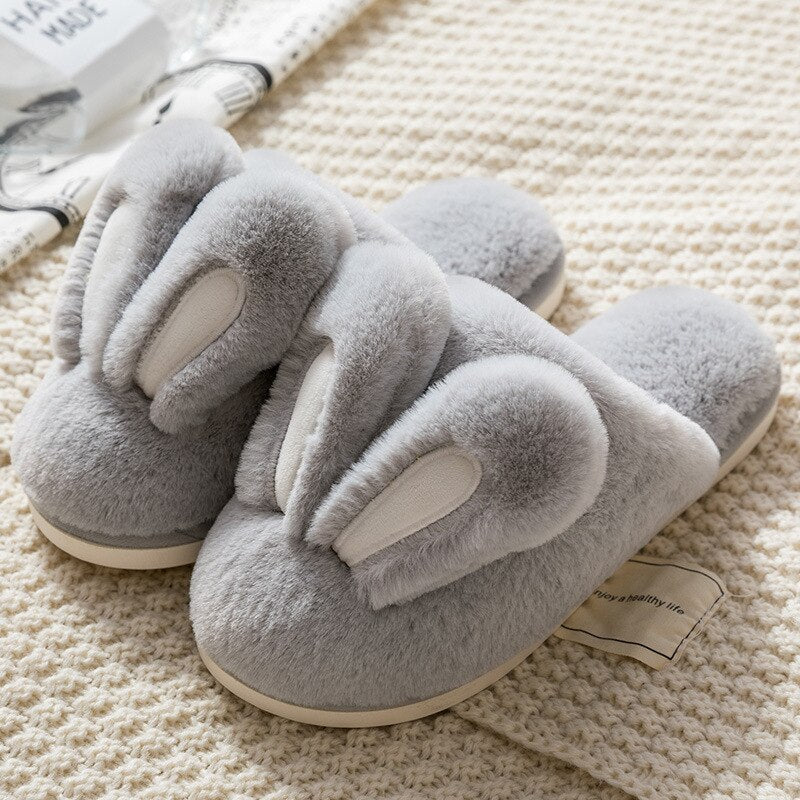 Women Warm Faux Fur Slippers Cute Rabbit Ear Lovers Indoor Slipper Soft Plush Anti-slip Winter Female Home Floor Shoes SH462