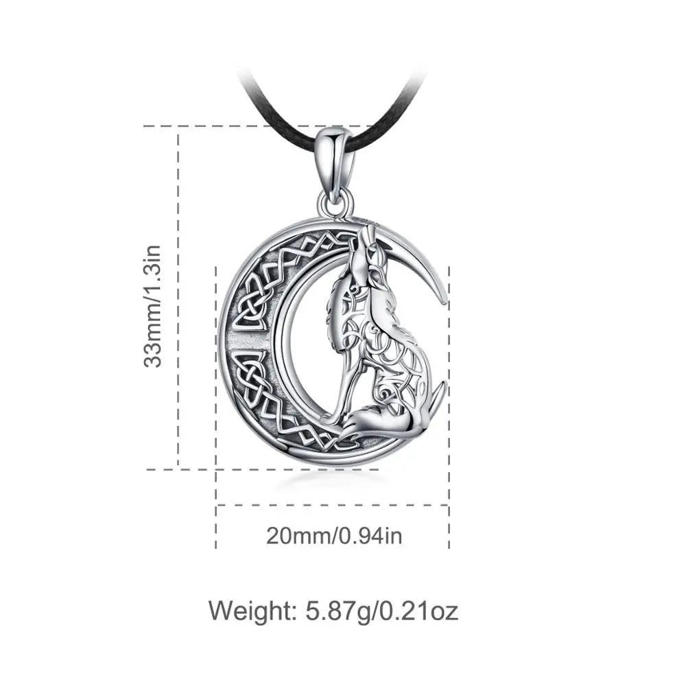 S925 Sterling Silver Wolf & Moon Pendant Necklace, Valknut Odin Norse Viking Amulet