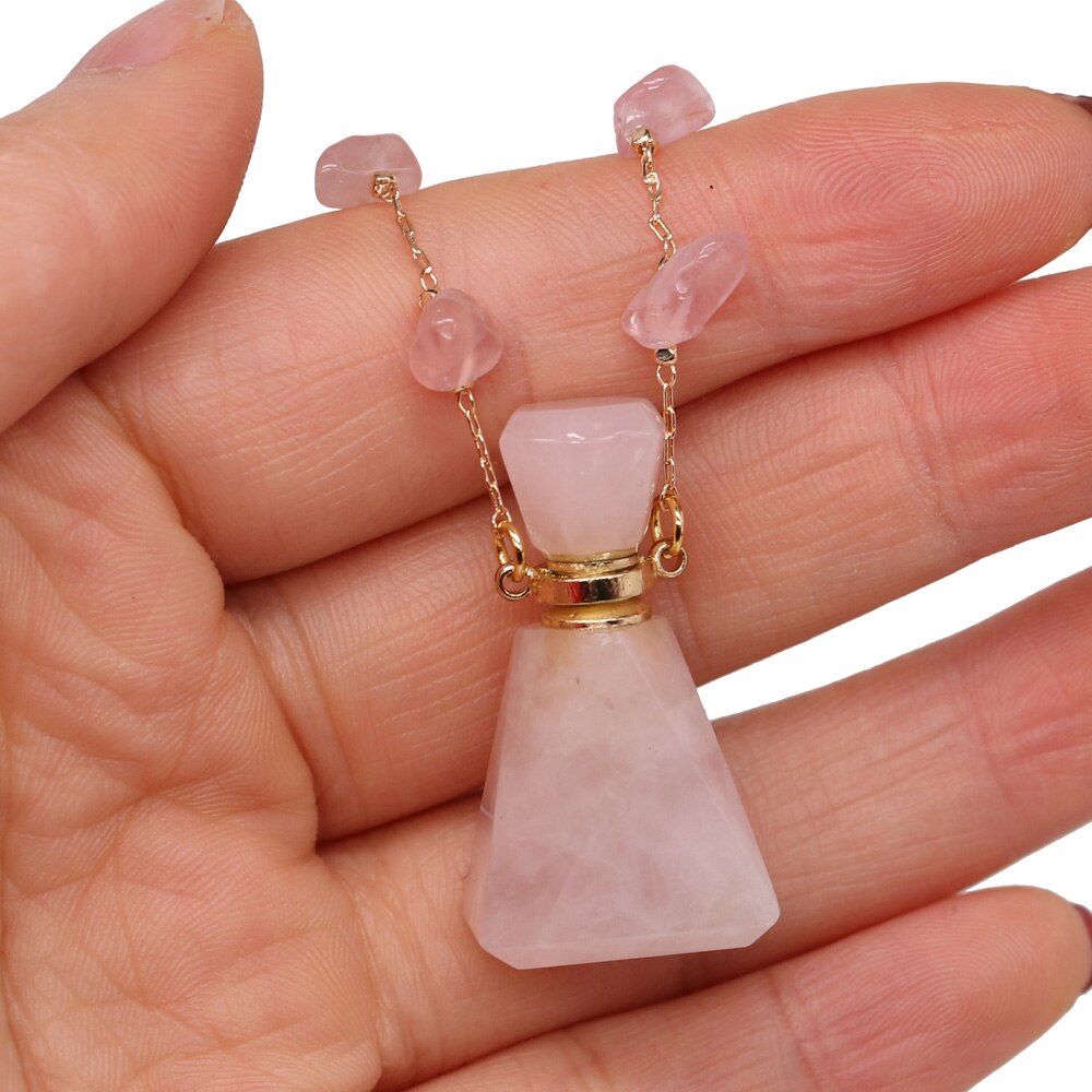 Natural Stone Perfume Bottle Necklace Pink Quartz Pendant Charms For Elegant Women Love Romantic Gift 60 CM