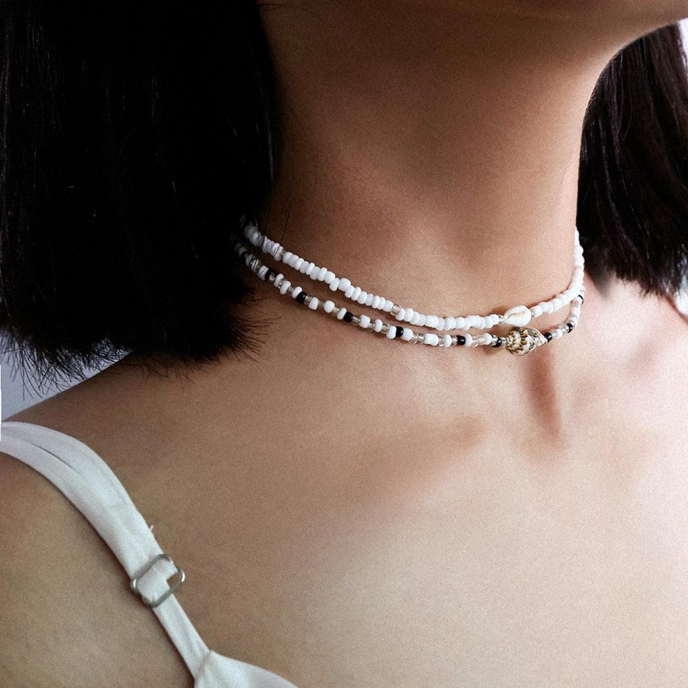 SHIXIN Separable 2 Layered White/Black Beads Necklaces Korean Small Beaded Conch Shell Choker Necklace for Women Fashion Collar