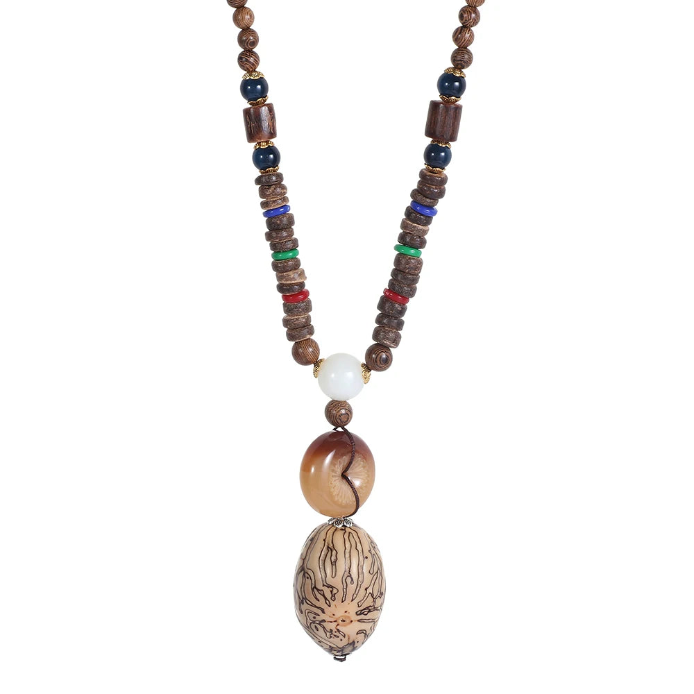 Nepal Wood Bead Pendant Long Necklace Jewelry