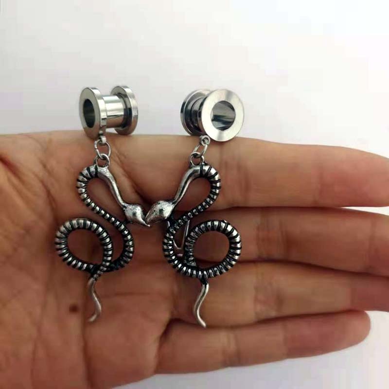2 Pcs/Pack Screw-fit Cobra Snake Pendant Ear Tunnel Plugs Ear Gauges Flesh Piercing Stainless Steel Ear Expander Reamer 4mm-25