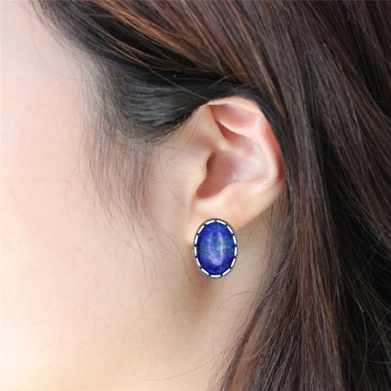 Vintage Natural Lapis Lazuli Necklace Ring Stud Earring Jewelry Sets Antique Silver Plated Quartz Unakite Stone Quartz Set - Charlie Dolly