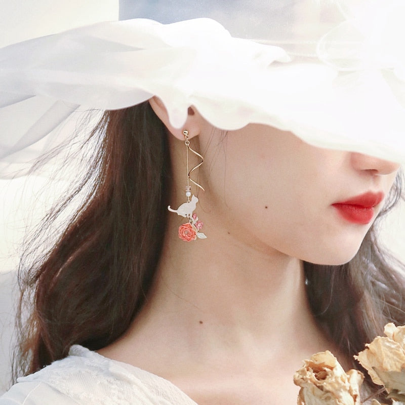 MENGJIQIAO New Elegant Metal Flower Cute Cat Dangle Earrings For Women Brincos Temperament pendientes mujer Holiday Jewelry