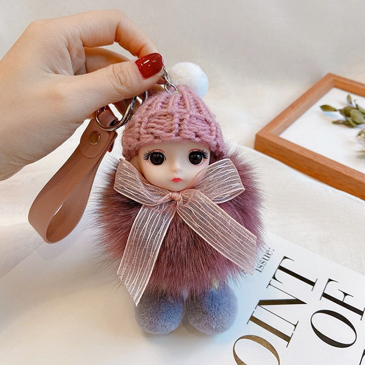 Pompom Sleeping Baby Keychain Cute Fluffy Plush Doll Keychains Women Girl Bags Keyrings Cars Key Ring Gift Charming Decoration
