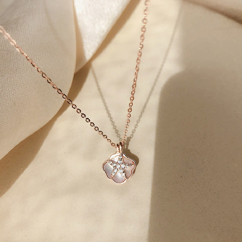 QMCOCO Silver Color Creative Trendy Design Shell Starfish Pendant Necklace For Women Collarbone Chain Biarthday Party Gifts