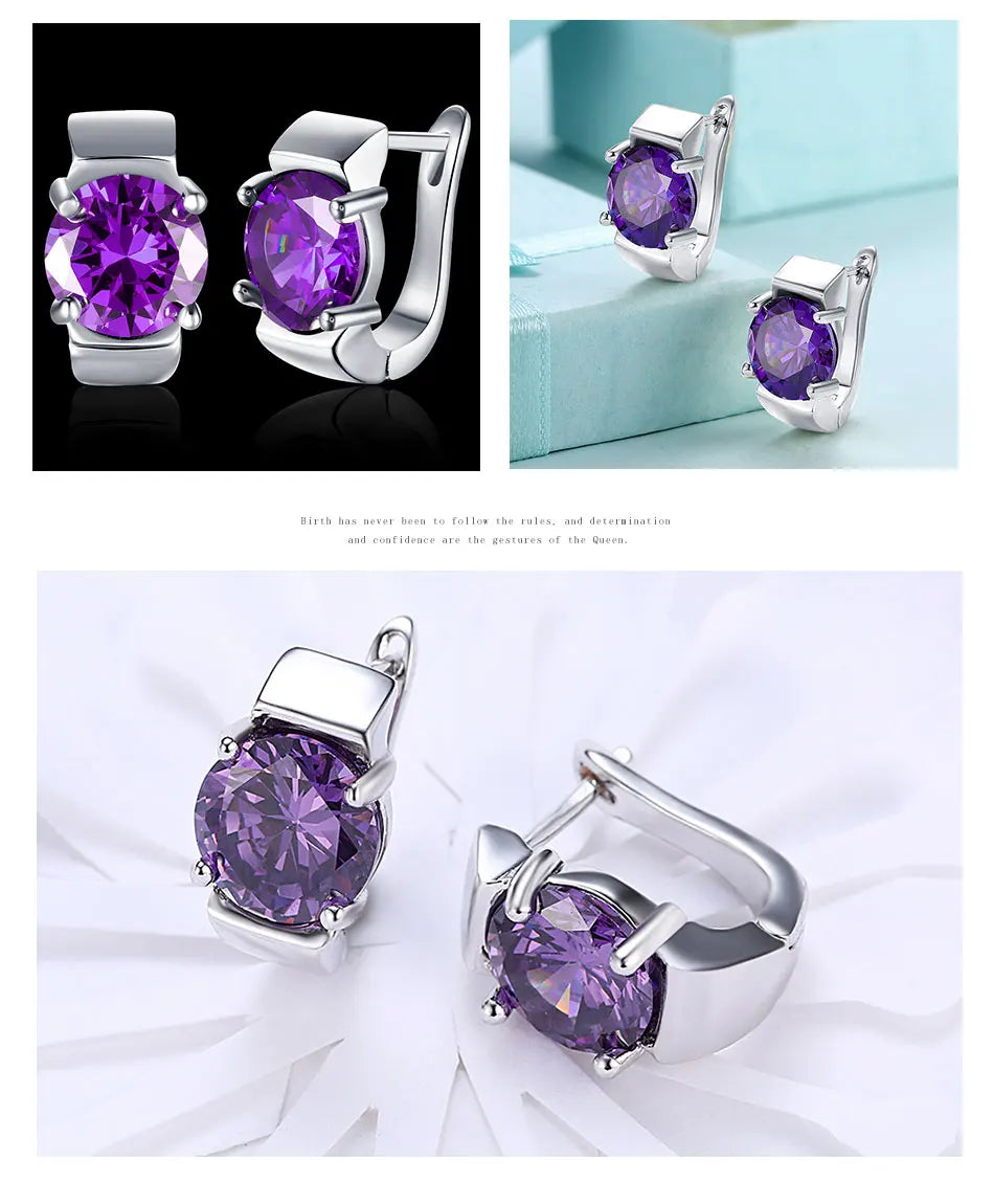 925 Silver Amethyst Hoop Earrings, Colorful Gemstone Wedding Jewelry