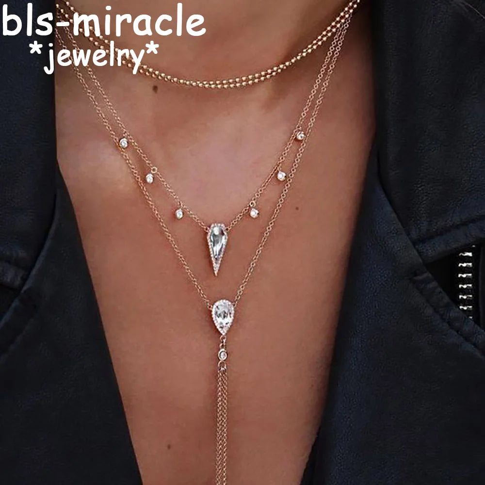 Crystal Water Drop Multilayer Necklace Jewelry