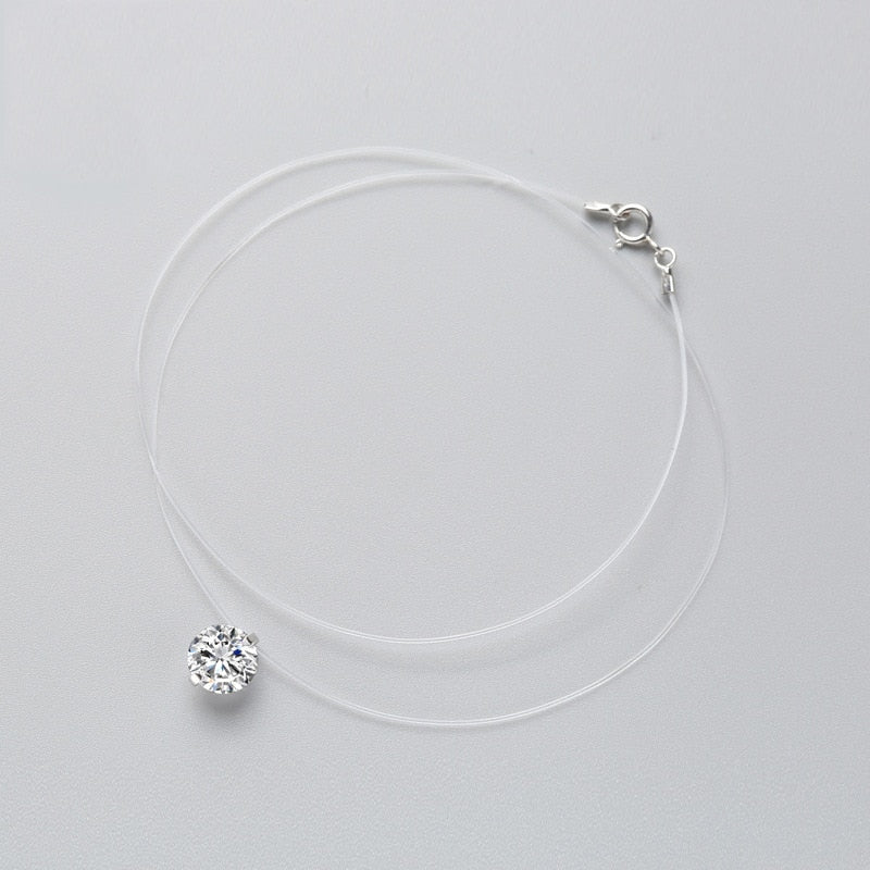 925 Sterling Silver Zircon Crystal Pearl Pendant Choker Necklace Transparent Fishing Line 2020 Fine Jewelry For Women