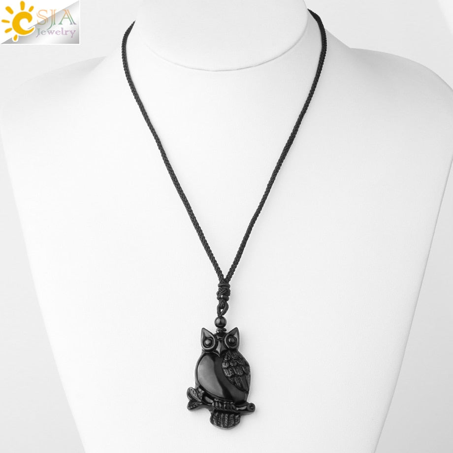 CSJA Obsidian Necklace Natural Stone Wolf Buddha Sculpture Tree of Life Animal Owl Men Necklaces Pendant Meditation Jewelry G644 - Charlie Dolly