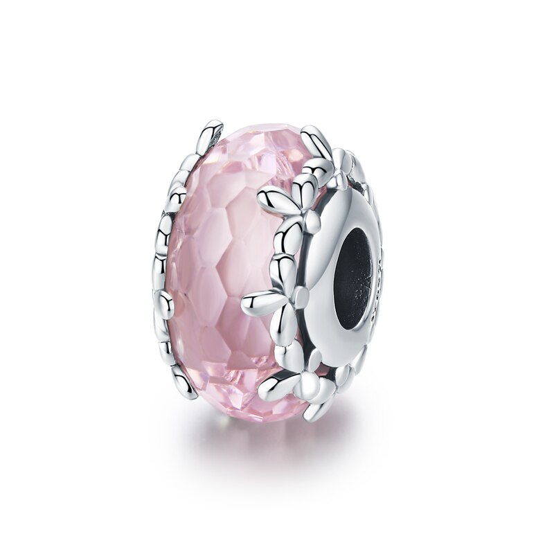 WOSTU Real 925 Sterling Silver Murano Glass Pink Beads Crystal Round Charms Fit Original Bracelet Pendant Luxury Jewelry Making