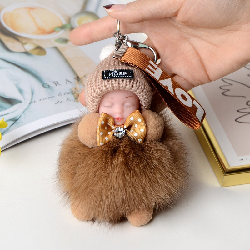 Pompom Sleeping Baby Keychain Cute Fluffy Plush Doll Keychains Women Girl Bags Keyrings Cars Key Ring Gift Charming Decoration
