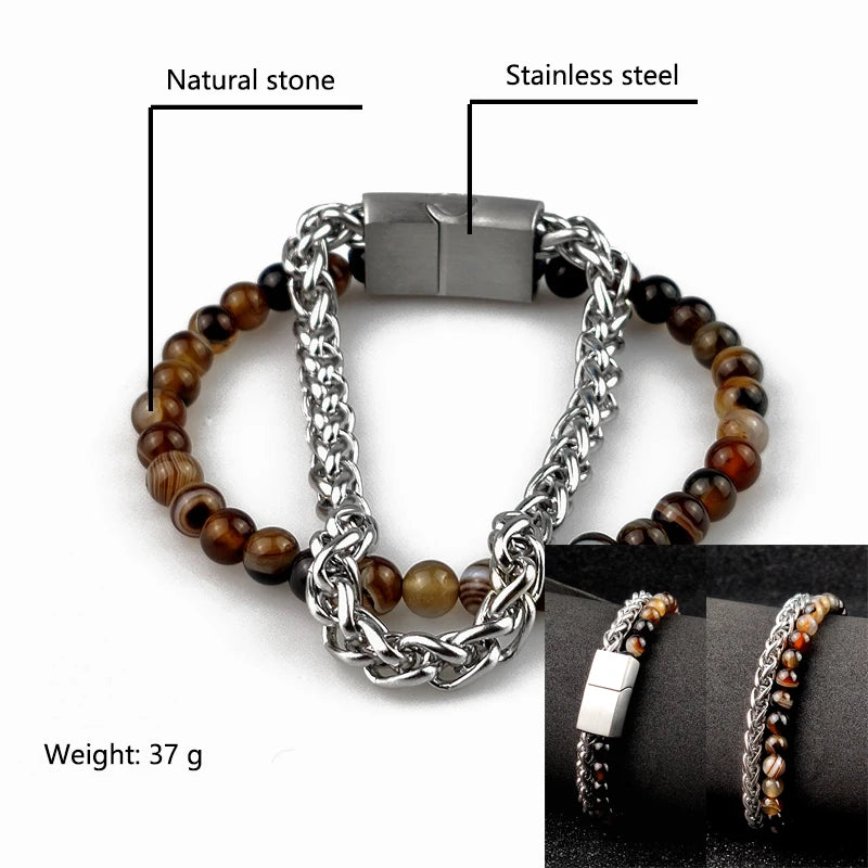Boho Jewelry Beads Leather Charm Bracelet for Men Women Stainless Steel Natural Stone Rosary love Bracelet Bangle Gift Wholesal - Charlie Dolly