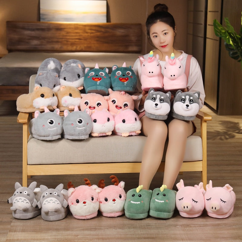 One Size US 6-10.5 Winter Men Women Slippers Indoor Toys Animal Unicorn Dinosaur Husky Totoro Shoes Warm Home House Slides