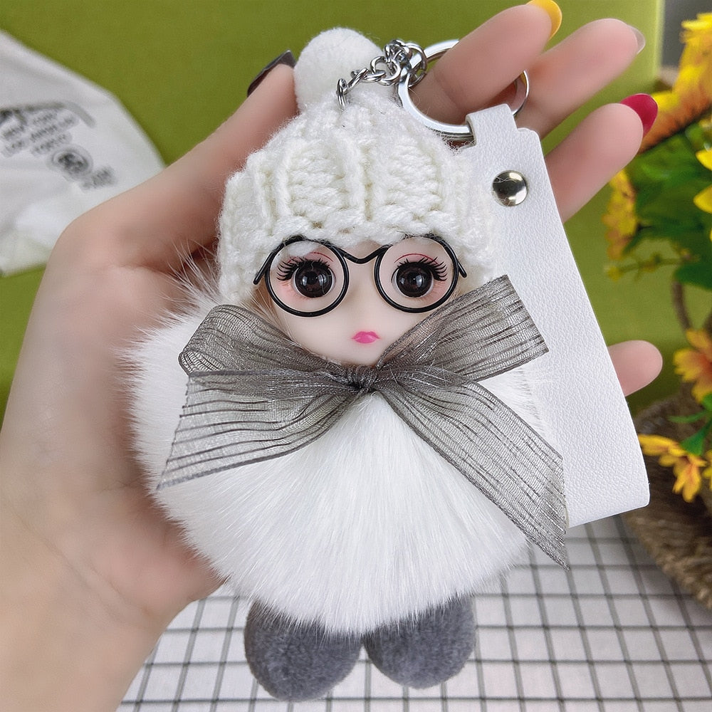 Pompom Sleeping Baby Keychain Cute Fluffy Plush Doll Keychains Women Girl Bags Keyrings Cars Key Ring Gift Charming Decoration