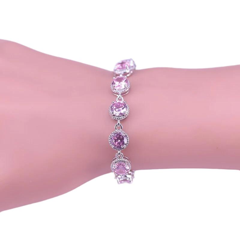 Risenj Princess Pink 925 Sterling Silver Jewelry Set For Women Hoop Earrings Ring Necklace Bracelet Set Bridal Jewelry